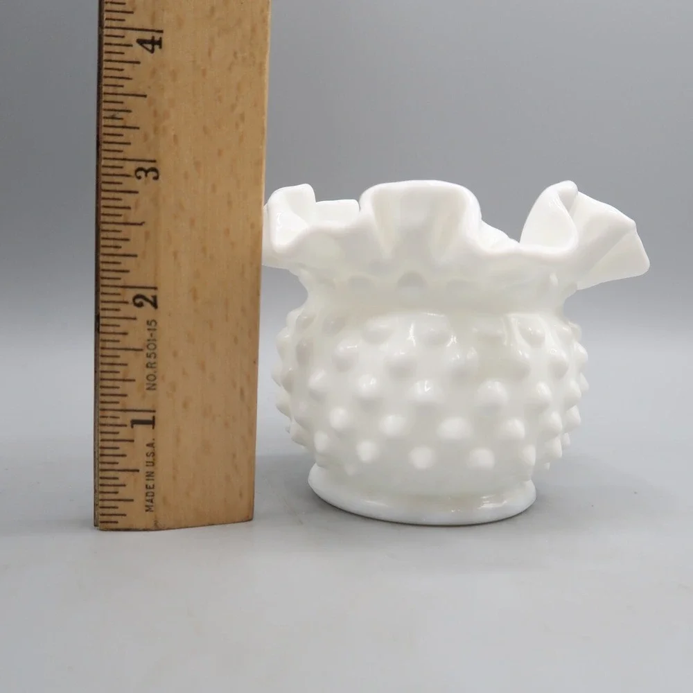 Fenton White Hobnail Ruffled‎ Edge Milk Glass Rose Bowl Vase 3